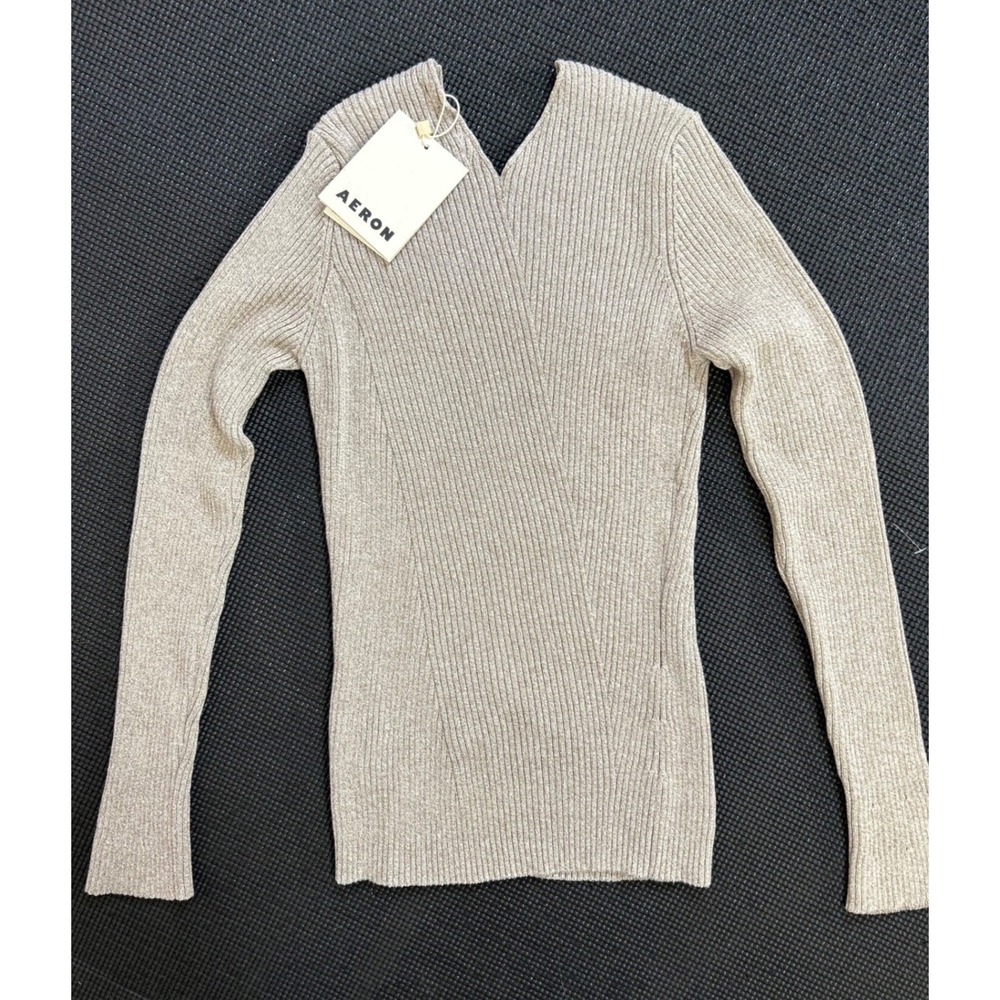 NWT AERON Archeo Ribbed Knit V-Neck Sweater S Beige Tan Designer Minimalist